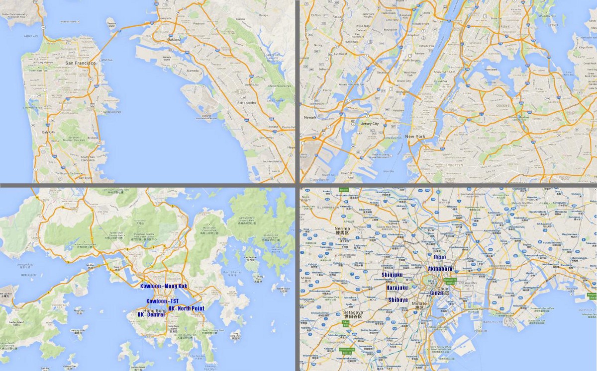 The regions are: San Francisco Bay Area, New York, Hong Kong, Tokyo