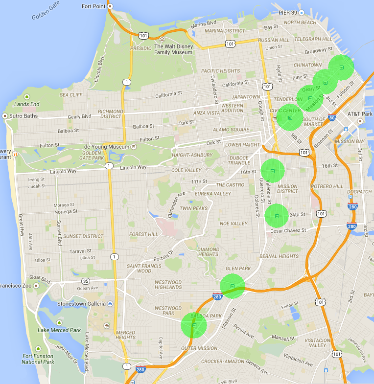 Fun to look at — the green circles are places reachable by walking 5 minutes from a Bart station in SF. Doesn’t cover a lot of ground.