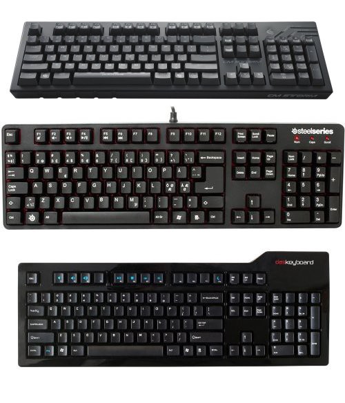 CM Storm QuickFire Pro, Steelseries 6Gv2, and Das Keyboard